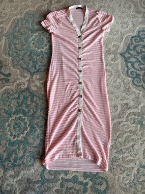 Pink Button-Front Ribbed Midi Dress